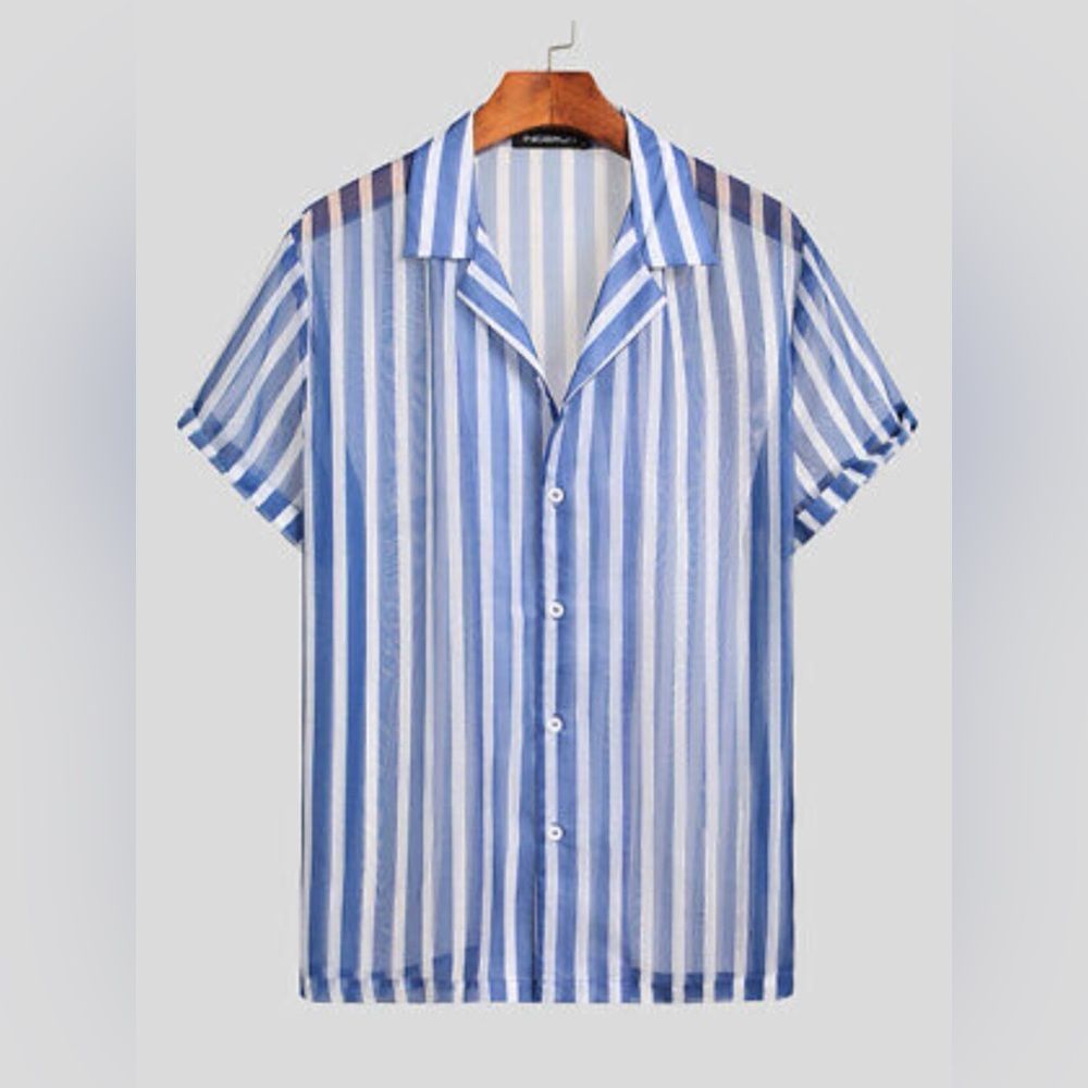 NWT Incerun Sheer Organza Blue Striped Shirt